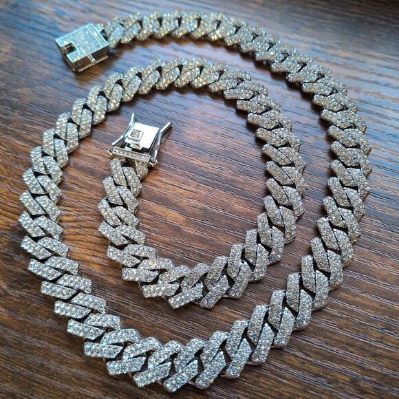 Moissanite Cuban Link Chain Necklace Wide Iced Out 16 Inches Long Silver Tone